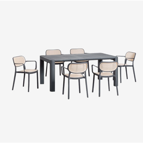 Set de Mesa Rectangular (180x100 cm) Arnadine y 6 Sillas de Comedor Apilables con Reposabrazos Omara SKLUM             