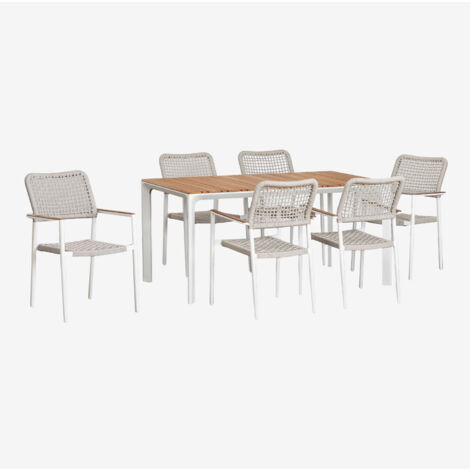 Set de Mesa Rectangular en Aluminio y Madera de Teca (160x90 cm) Katiana y 6 Sillas en Aluminio y Cuerda Trenzada Nediam SKLUM             