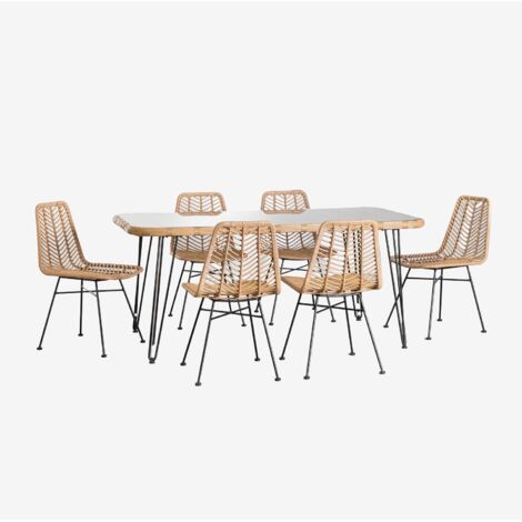 Set de Mesa Rectangular en Mimbre Sintético (180x90 cm) Leribert y 6 Sillas de Jardín en Ratán Sintético Gouda Natural SKLUM             