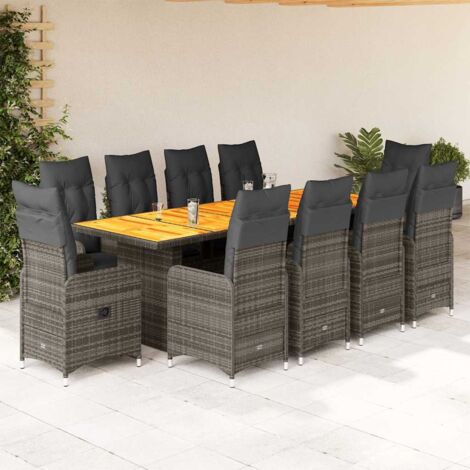 Set de mesa y sillas de jardín 11 pzas y cojines ratán PE gris