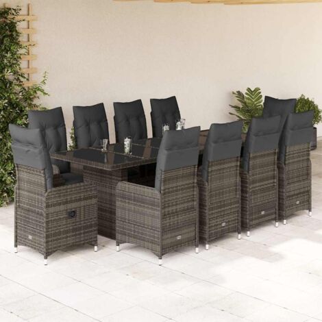 Set de mesa y sillas de jardín 11 pzas y cojines ratán PE gris vidaXL