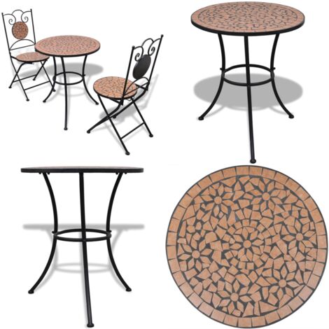 Set de mesa y sillas de jardín 3 piezas con mosaico terracota - Conjunto de mosaico - Muebles de jardín decorativos