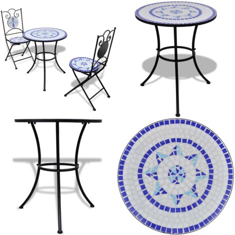 Set de mesa y sillas de jardín 3 pzas con mosaico azul y blanco - Conjunto de mosaico - Muebles de jardín