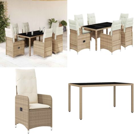 Set de mesa y sillas de jardín 7 pzas y cojines ratán PE beige - Mesa de jardín - Cojín de asiento