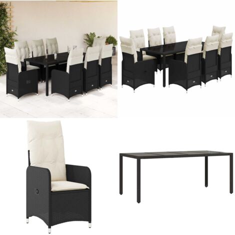 Set de mesa y sillas de jardín 9 pzas y cojines ratán PE negro - Sillas de jardín reclinables - Cojines para sillas