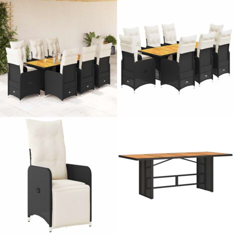 Set de mesa y sillas de jardín 9 pzas y cojines ratán PE negro - Sillas de jardín reclinables - Cojines para sillas