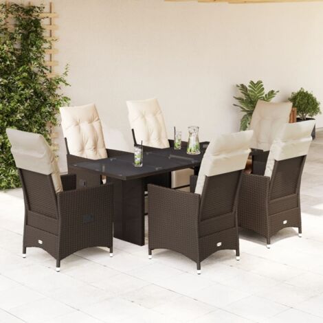 Set de mesa y sillas jardín 7 pzas con cojines ratán PE marrón