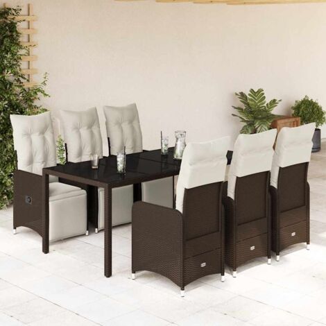 Set de mesa y sillas jardín 7 pzas con cojines ratán PE marrón