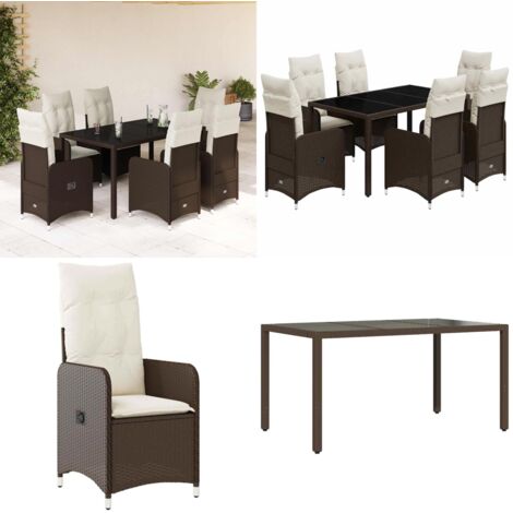 Set de mesa y sillas jardín 7 pzas con cojines ratán PE marrón - Mesa de jardín - Cojín de asiento