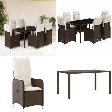 Set de mesa y sillas jardín 7 pzas con cojines ratán PE marrón - Mesa de jardín - Cojín de asiento