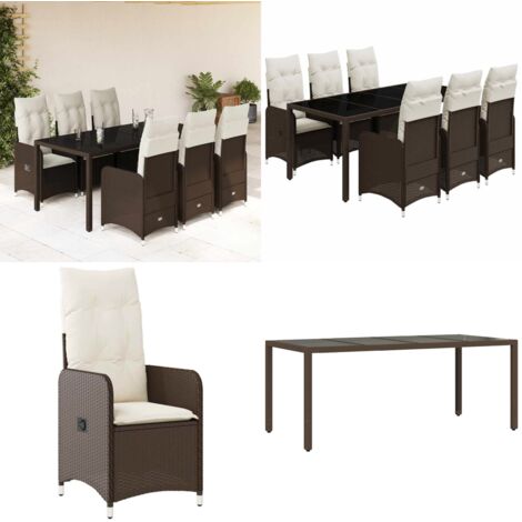 Set de mesa y sillas jardín 7 pzas con cojines ratán PE marrón - Mesa de jardín - Cojines para sillas