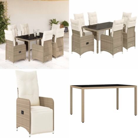 Set de mesa y sillas jardín 7 pzas con cojines ratán PE marrón - Sillas de jardín - Mesa de jardín