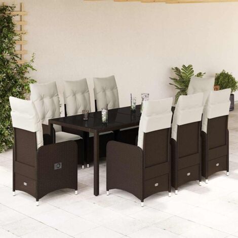 Set de mesa y sillas jardín 9 piezas y cojines ratán PE marrón
