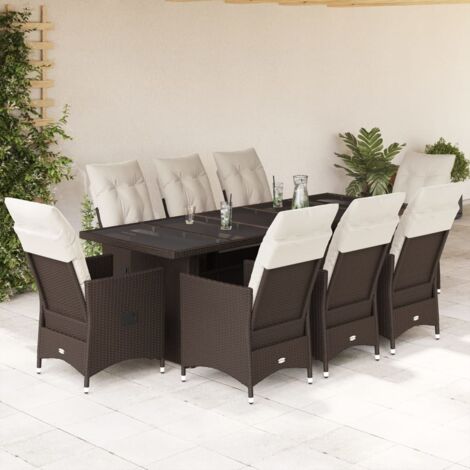 Set de mesa y sillas jardín 9 piezas y cojines ratán PE marrón