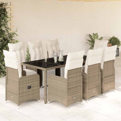 Set de mesa y sillas jardín 9 piezas y cojines ratán PE marrón
