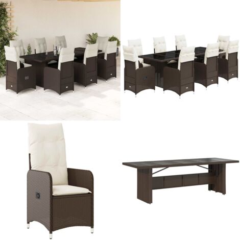 Set de mesa y sillas jardín 9 piezas y cojines ratán PE marrón - Cojín de asiento - Cojín de respaldo