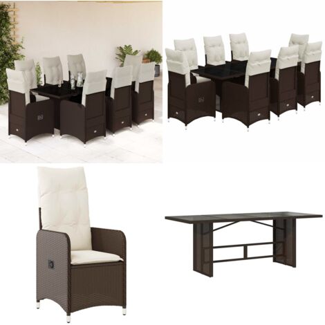 Set de mesa y sillas jardín 9 piezas y cojines ratán PE marrón - Cojín de asiento - Cojín de respaldo