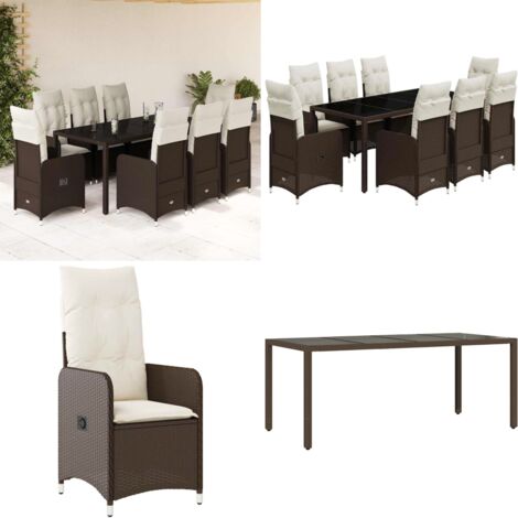 Set de mesa y sillas jardín 9 piezas y cojines ratán PE marrón - Mesa de jardín - Cojín de asiento
