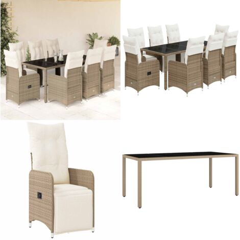 Set de mesa y sillas jardín 9 piezas y cojines ratán PE marrón - Sillas de jardín - Mesa de jardín