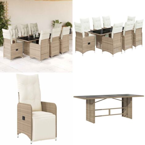 Set de mesa y sillas jardín 9 piezas y cojines ratán PE marrón - Sillas de jardín - Mesa de jardín