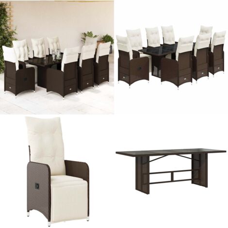 Set de mesa y sillas jardín 9 piezas y cojines ratán PE marrón - Sillas de jardín - Mesa de jardín
