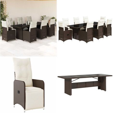 Set de mesa y sillas jardín 9 piezas y cojines ratán PE marrón - Sillas de jardín - Mesa de jardín