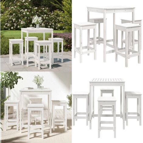 Set de mesa y taburetes altos jardín 5 pzas madera pino blanco - Taburetes de jardín - Muebles de exterior