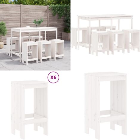 Set de mesa y taburetes altos jardín 7 pzas madera pino blanco - Taburetes altos - Muebles de exterior
