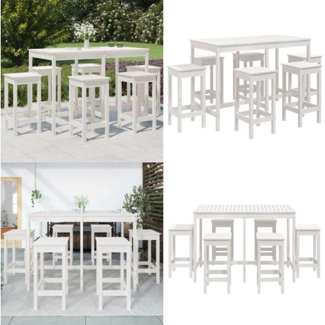 Set de mesa y taburetes altos jardín 7 pzas madera pino blanco - Taburetes de jardín - Muebles de exterior
