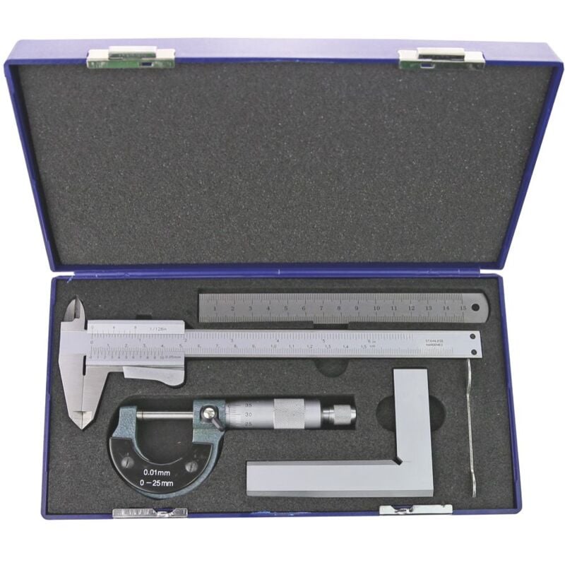 MIB - Ensemble de 4 outils de mesure pieds à coulisse analogue latte en inox 150 mm micromètre 0-25 mm équerre 100x70 mm CMS41