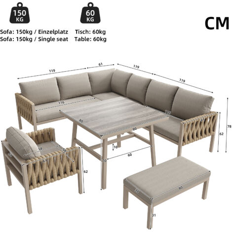 Set de meubles de jardin avec cadre fer galvanisé, pieds ajustables, canapé d’angle, plateau table verre durci, inclut tous coussins sièges et dos, couleur beige.