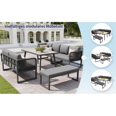 Set de meubles de jardin avec des coussins de siège et de dossier de haute qualité. Chaises de jardin pour 6 à 8 personnes. Ensemble de sièges en rotin PE tressé.