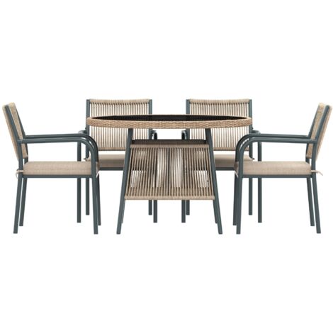 Set de meubles de jardin modernes en rotin. Comporte un plateau en verre rond, ainsi que 4 chaises avec dossiers. Structure en métal. Conçu pour être utilisé sur terrasses, balcons ou plages.