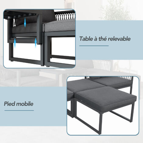 Set de meubles de jardin pour terrasse, 2 chaises, 2 tabourets, combinaisons possibles et réglables, pour intérieur et extérieur. Nom produit : HW24017AAA.