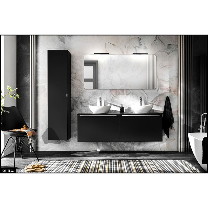 Otitec - Set de meubles de salle de bain - 120 cm - avec 2 Vasques à poser et Plan - Colonne - Miroir led - bold black