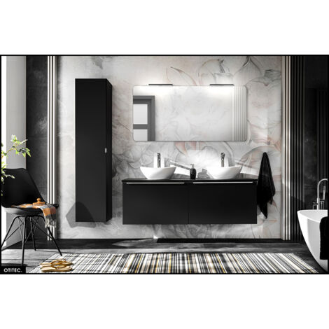 Set de meubles de salle de bain - 120 cm - avec 2 Vasques à poser et Plan - Colonne - Miroir LED - BOLD BLACK