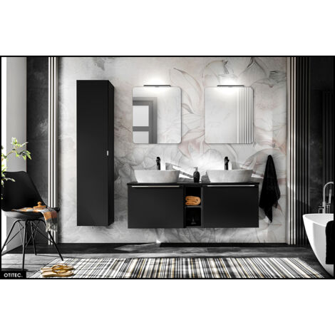 Set de meubles de salle de bain - 140 cm - avec 2 Vasques à poser et Plan - Colonne - 2 Miroirs LED - BOLD BLACK