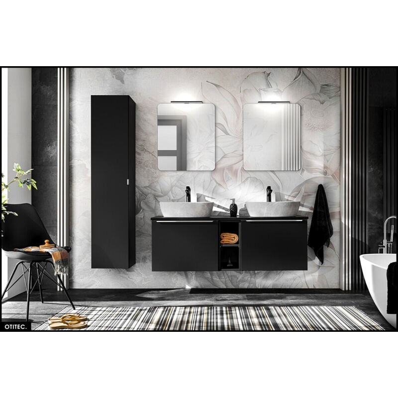 Set de meubles de salle de bain - 180 cm - avec 2 Vasques à poser et Plan - Colonne - 2 Miroirs LED - BOLD BLACK