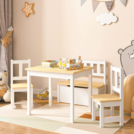 Set de meubles d'enfant Lousame table avec 2 chaises et banc rabattable naturel blanc [en.casa]