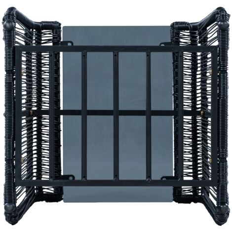 Set de meubles extérieur 5 pièces, bureau, 2 chaises, 2 tabourets, cadre fer, rotin plastique, coussins, surface verre, pour terrasse, jardin ou balcon, résiste intempéries.