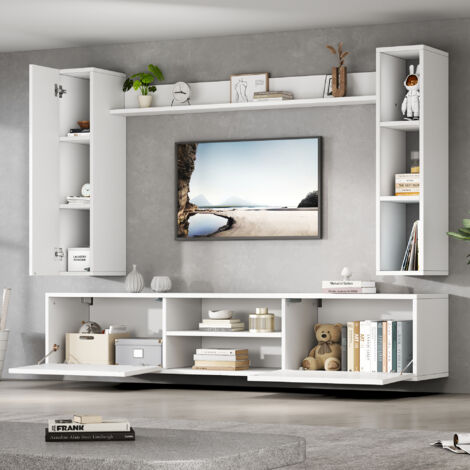 Set de meubles pour le salon avec télévision : vitrines inclus. Set complet, composé de 4 éléments. Couleur blanche.