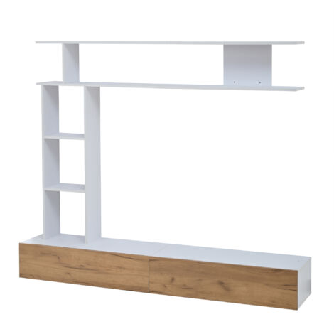 Set de meubles pour le salon avec télévision : vitrines, panneaux en bois pour la fixation des appareils électroniques, étagères murales et étagères à suspendre.