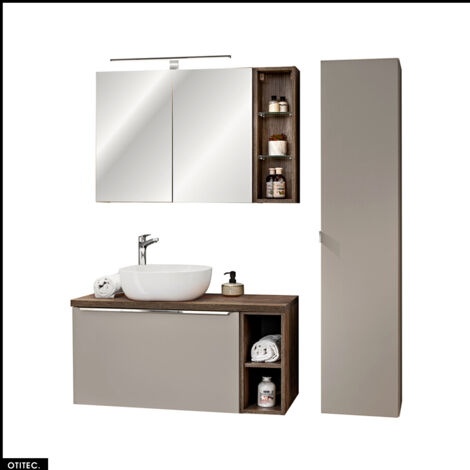 Set de meubles sous vasque - 100 cm - Vasque à poser et Plan - Colonne - Meuble Miroir LED - BOLD TAUPE
