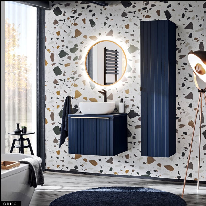 Set de meubles sous vasque - 60 cm - avec Vasque à poser et Plan - Colonne - Miroir LED - BOLD DEEP BLUE