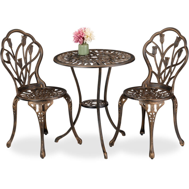 Relaxdays - Salon de jardin, pour 2 personnes, table avec 2 chaises, fonte d'aluminium, design charmant, noir et bronze