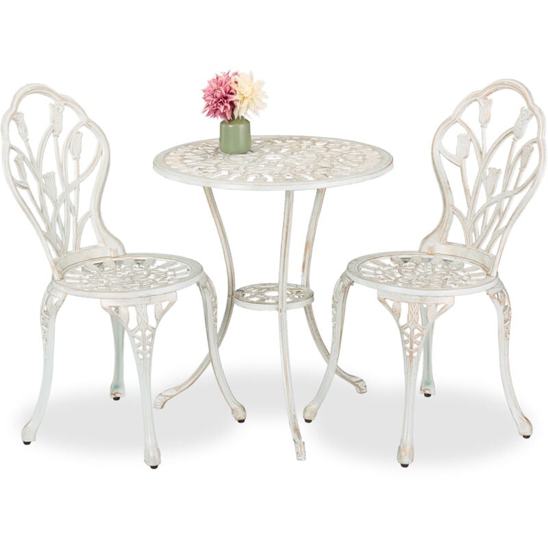 Relaxdays - Salon de jardin, pour 2 personnes, table avec 2 chaises, fonte d'aluminium, design charmant, blanc et bronze