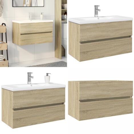 Set de mueble de baño 2 piezas cerámica y madera de ingeniería - Lavabo cerámico - Muebles de baño