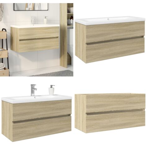 Set de mueble de baño 2 piezas cerámica y madera de ingeniería - Lavabo - Muebles de baño