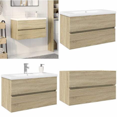 Set de mueble de baño 2 piezas cerámica y madera de ingeniería - Lavabo - Muebles de baño