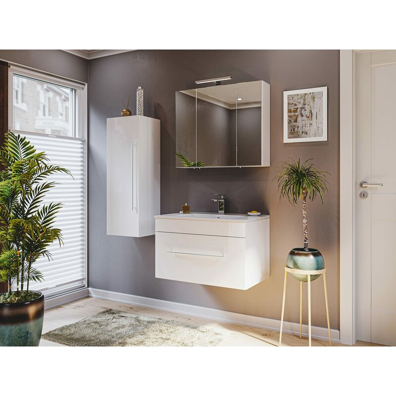

Set de mueble de baño 75cm incl. luz, todos los lados blanco brillante